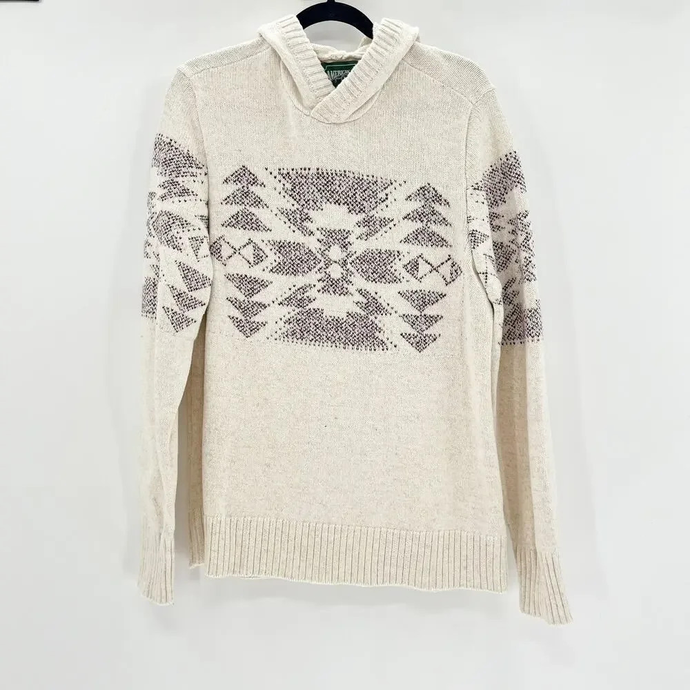 American Eagle Hooded Sweater‎ Unisex Sz M Cream Nordic Tribal Knit Oversized